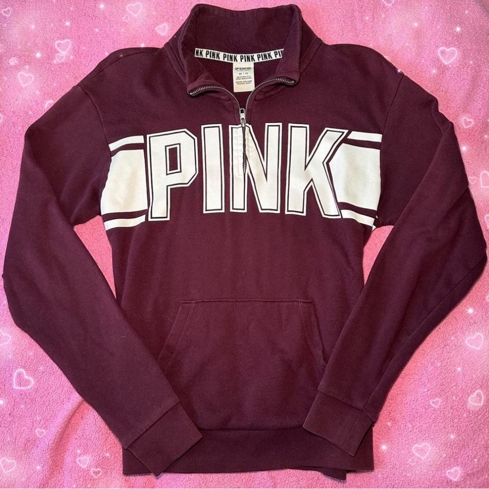 Victoria’s Secret PINK Burgundy and White Quarter Zip Sweater